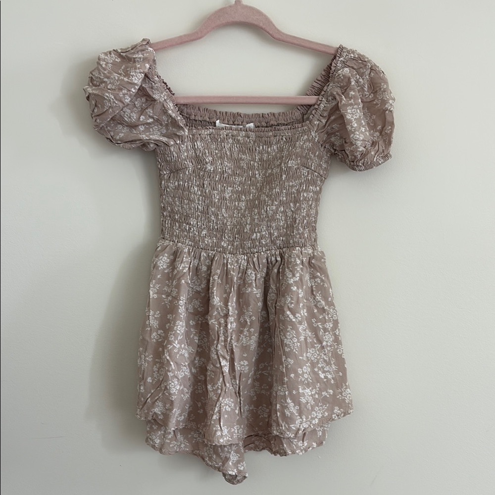 Altar'd State Brown and White Floral Romper with Puff Sleeves